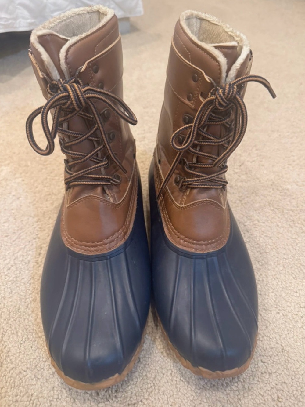 JBU Women's Brown and Navy Blue Lined Duck Boots Size 9.5